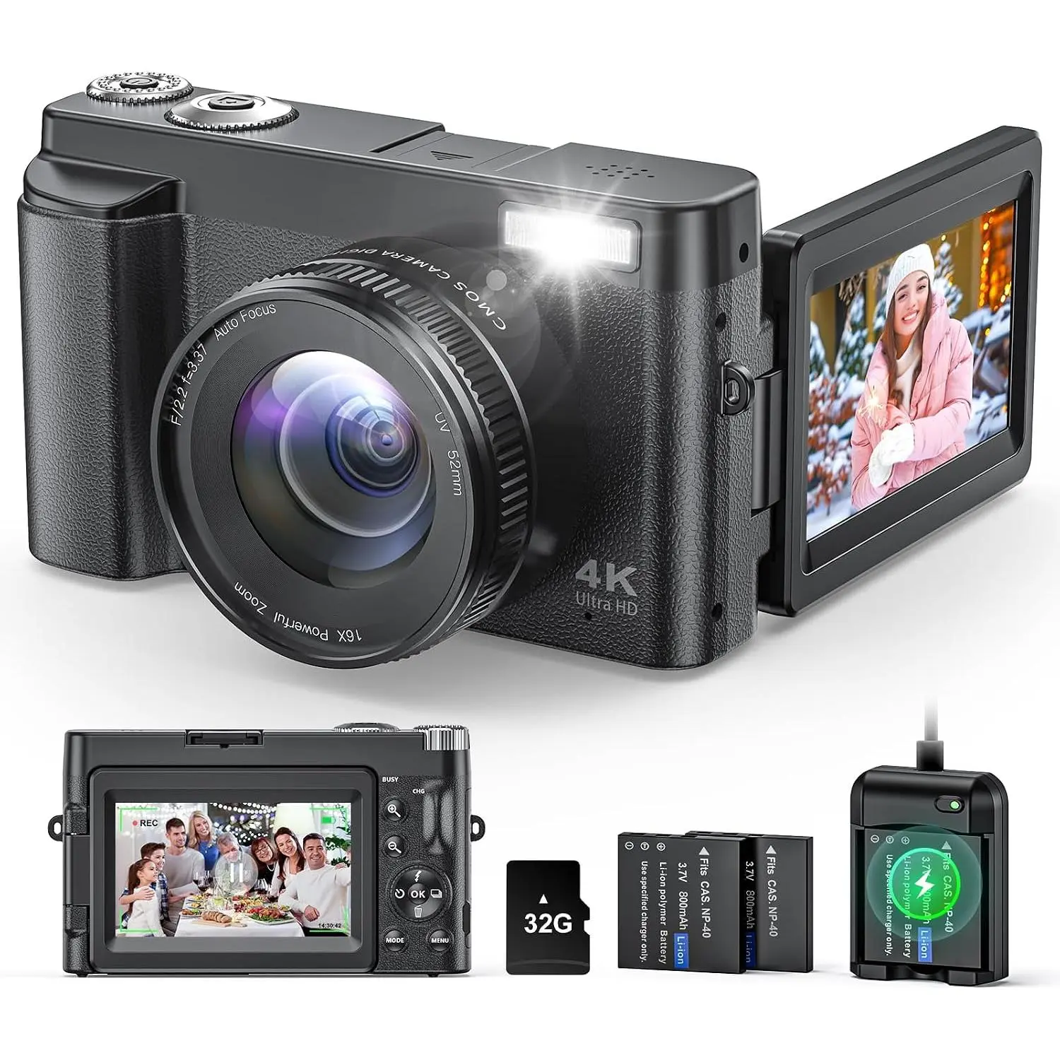 4K Digital Camera for Beginners & Teens, with Flip Screen, 32G Card(Black) | 48MP Camera for Photography, Vlogging Camera for YouTube, Travel, Autofocus, Flash, 16X Zoom, Easy-to-use,