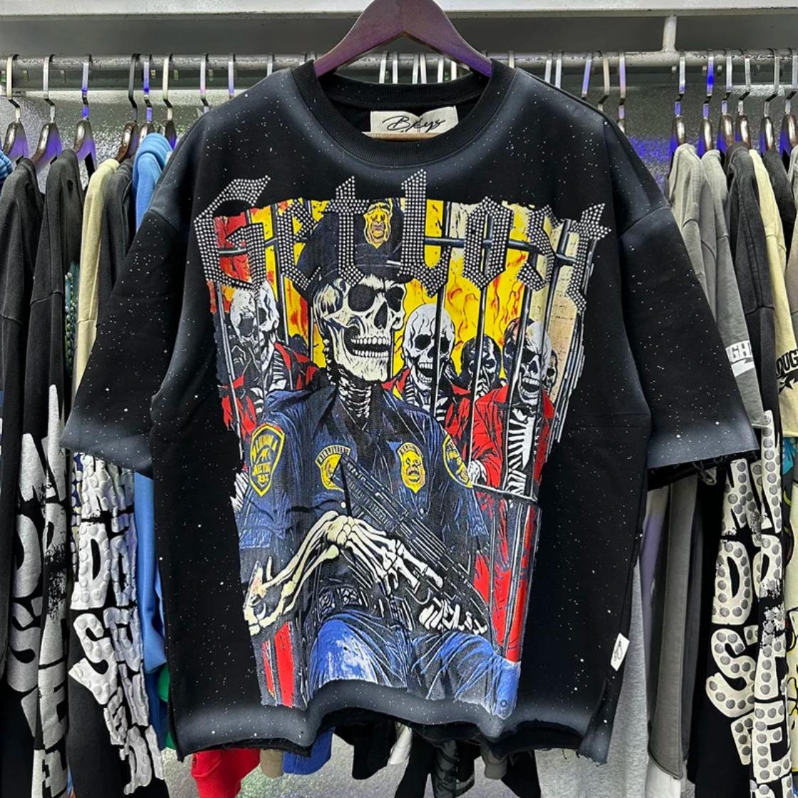 Best Quality Washed Gray Full Rhinestone Bling T-Shirt, Unisex F-Terry Cropped Tee, BKYS Skull Print High Street Hip Hop Rock Retro Y2K Vintage Streetwear, Sparkle Diamond Graphic Casual Short Sleeve Tops for Men Women