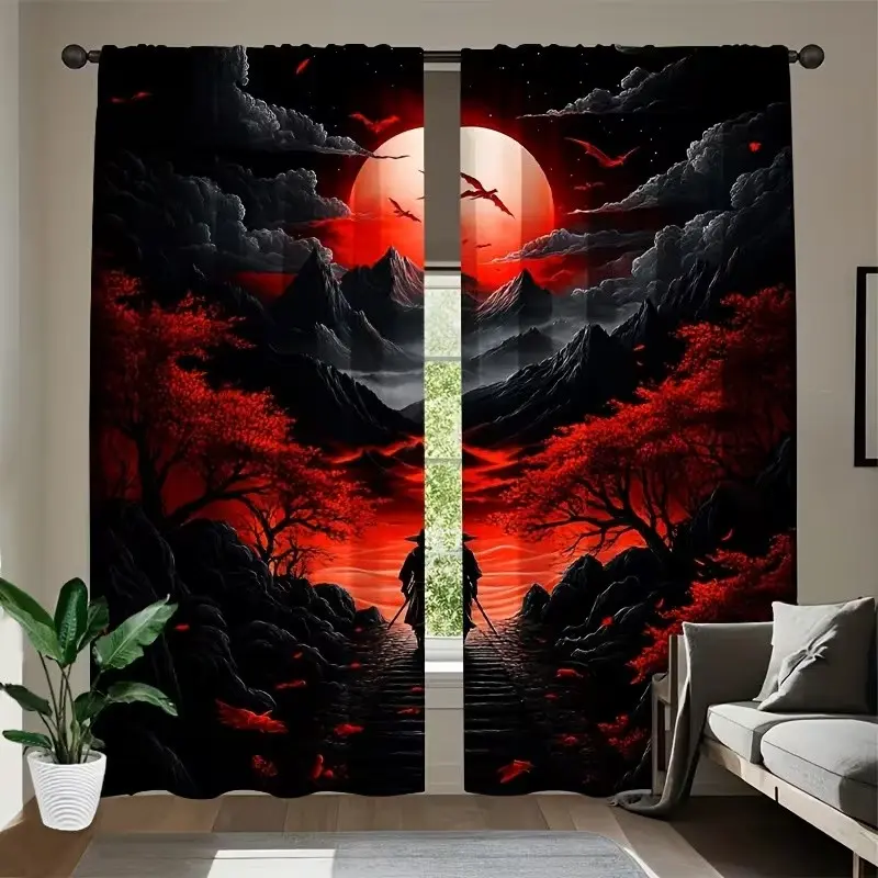2 Piece Polyester 2D Retro Theme Curtains, Japanese Crimson Sun Design Rod Pocket Window Drapes, for Bedroom and Living Room Decor