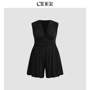 Cider [8 colors, size 0-24] Jersey V-neck Solid Ruched Romper Curve & Plus