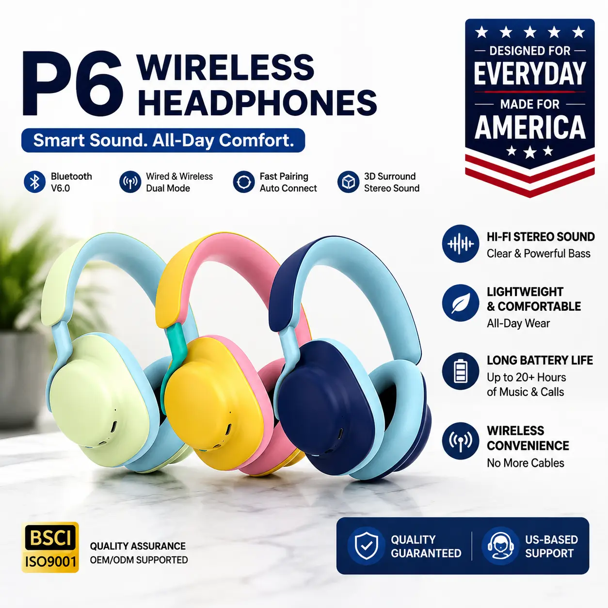 Colorful Wireless Headphones Bluetooth 6.0 – Over-Ear Stereo Headset with Cute Stylish Design for Teens & Adults, Foldable, Lightweight, Long Battery Life, Gaming, Travel & Daily Use"