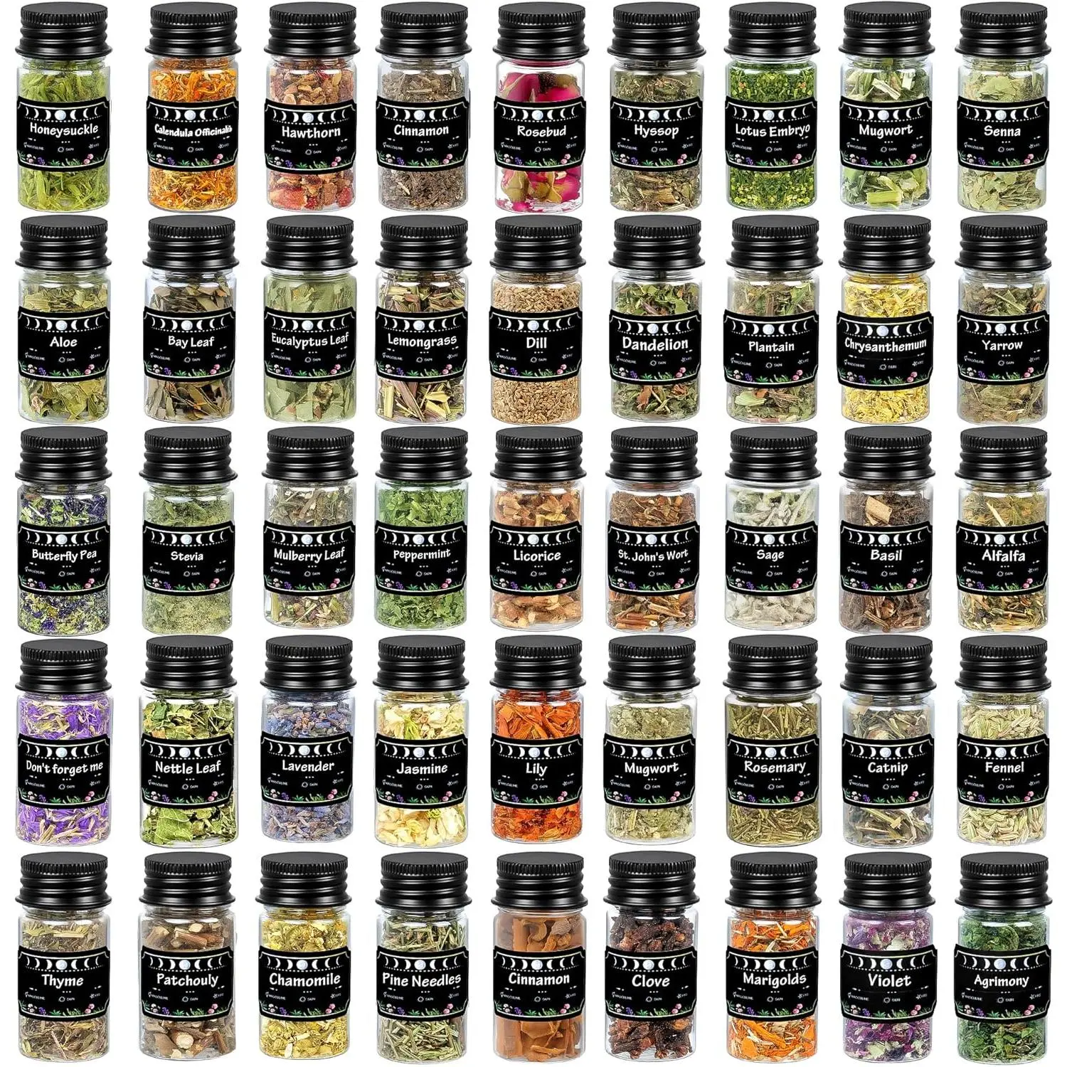 45PCS Herbs for Witchcraft - Wiccan Supplies and Tools - Witchcraft Supplies Dried Flowers Kit for Witch Beginner, Wicca Altar Supplies, Magic Spell, with Witchy Spoon, Witchy Gifts for Women