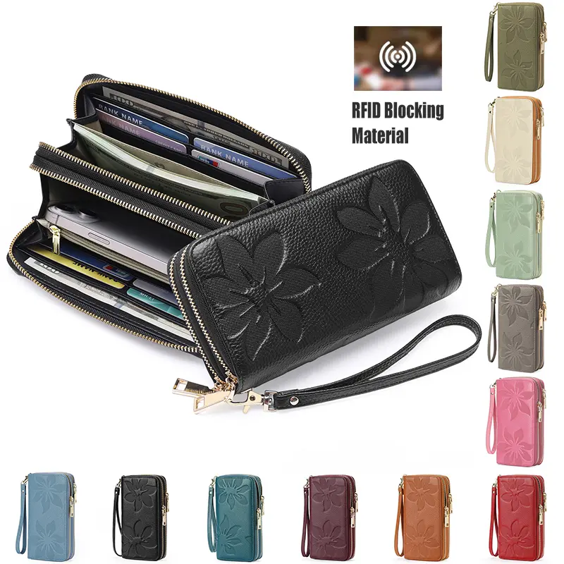 Women's Wallet Large Capacity Double Zip Ladies Card Phone Holder RFID Blocking Wristlet PU Leather