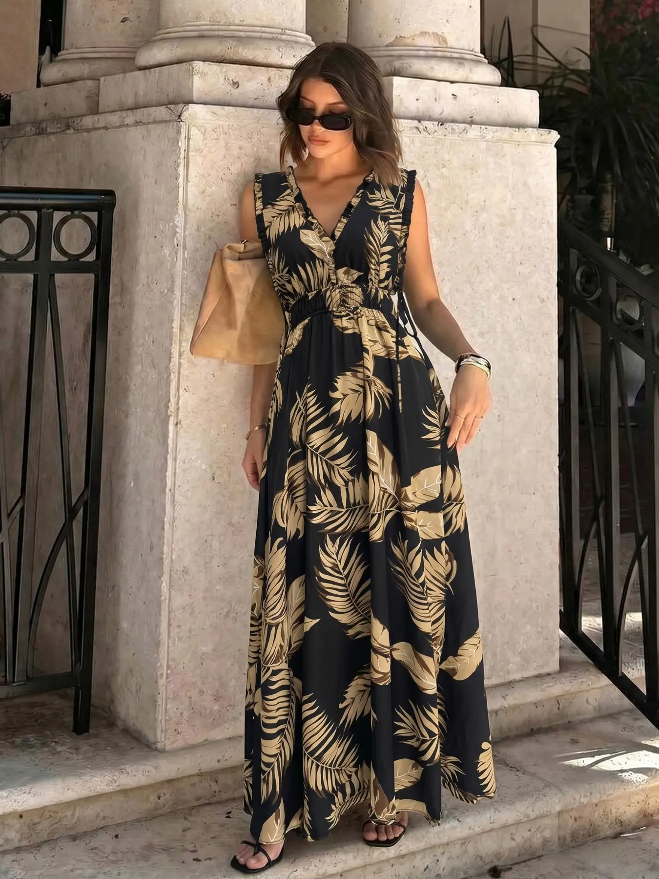 Spring Summer French Vacation Tropical Palm Leaf Print Bohemian Long Dress, V Neck Ruffle Sleeveless Back Tie Belted Waist Flowy Maxi Dress