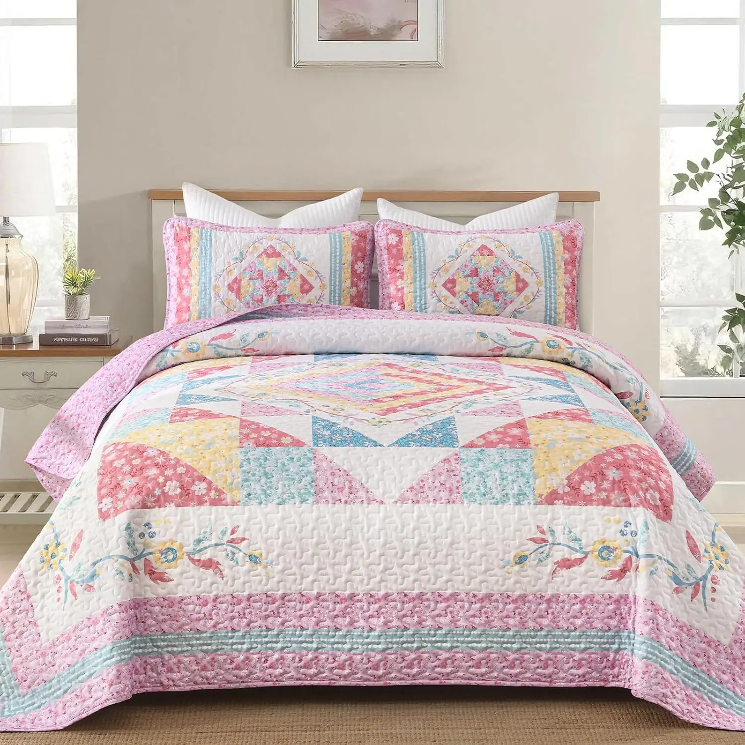 Full Quilt Set, Floral Patchwork Bedspreads Full Size, Pink Summer Vintage Lightweight Girl Coverlet Set for Full Bed, All Season, 78 x 90