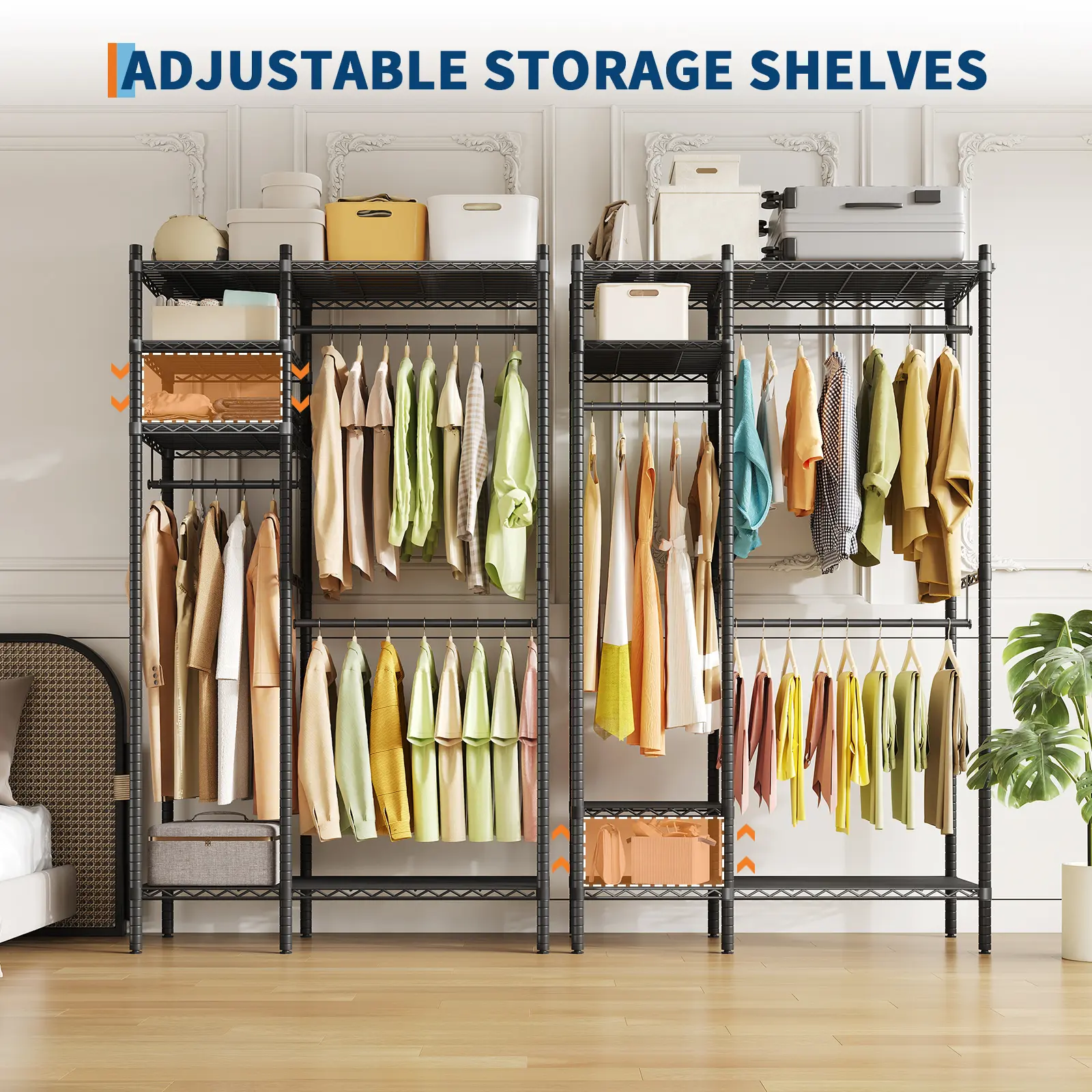 Heavy Duty Freestanding Metal Clothing Rack Organizer, Portable Open Wardrobe Closet with 4 Adjustable Shelves & 3 Hanging Rods, 700-1000LB Load Capacity Black Garment Storage System for Bedroom