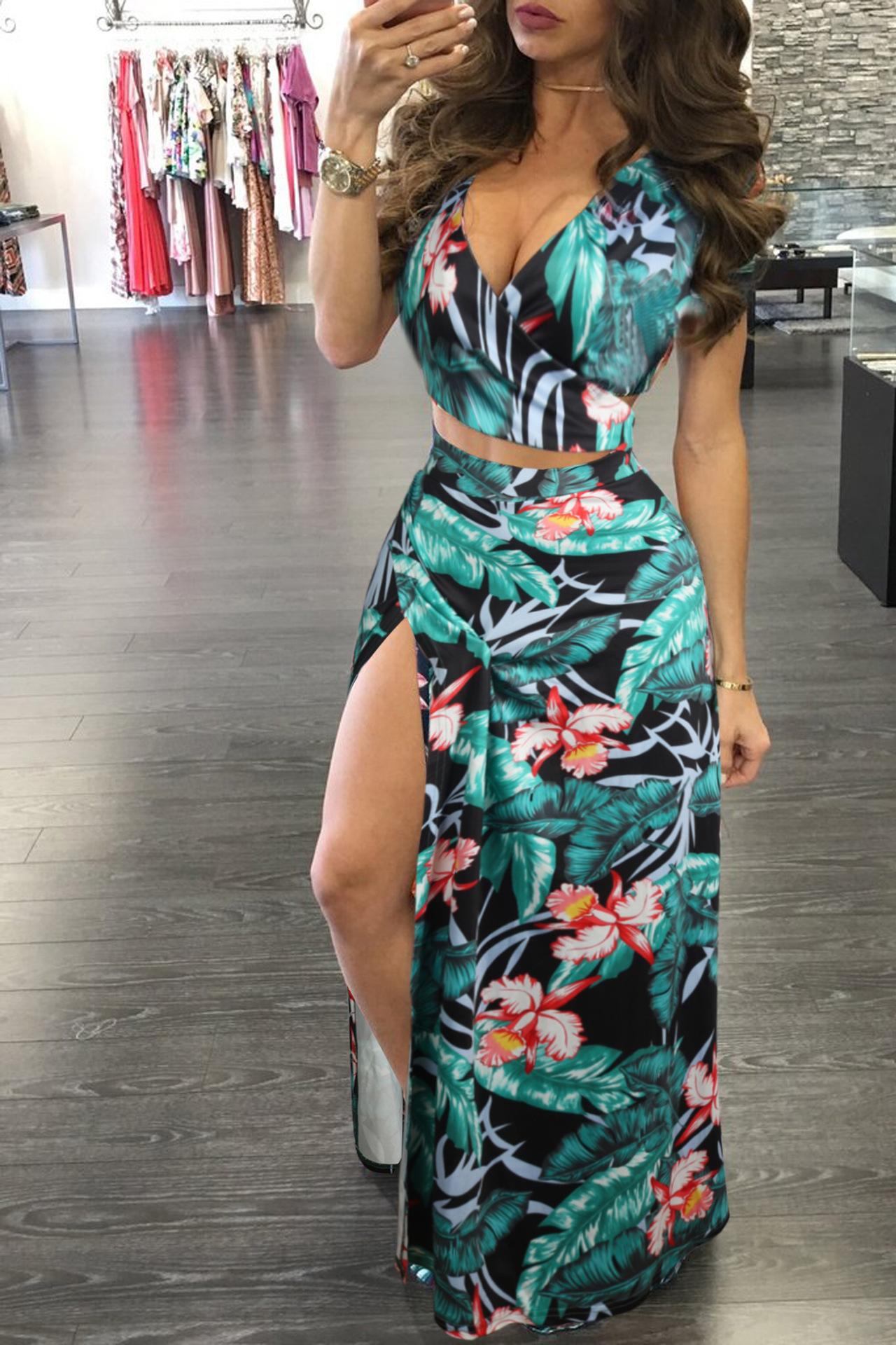 Women Floral Two Piece Maxi Dress Set Summer Vacation Outfits High Slit Long Skirt and V Neck Crop Top Sexy Beachwear Matching Set