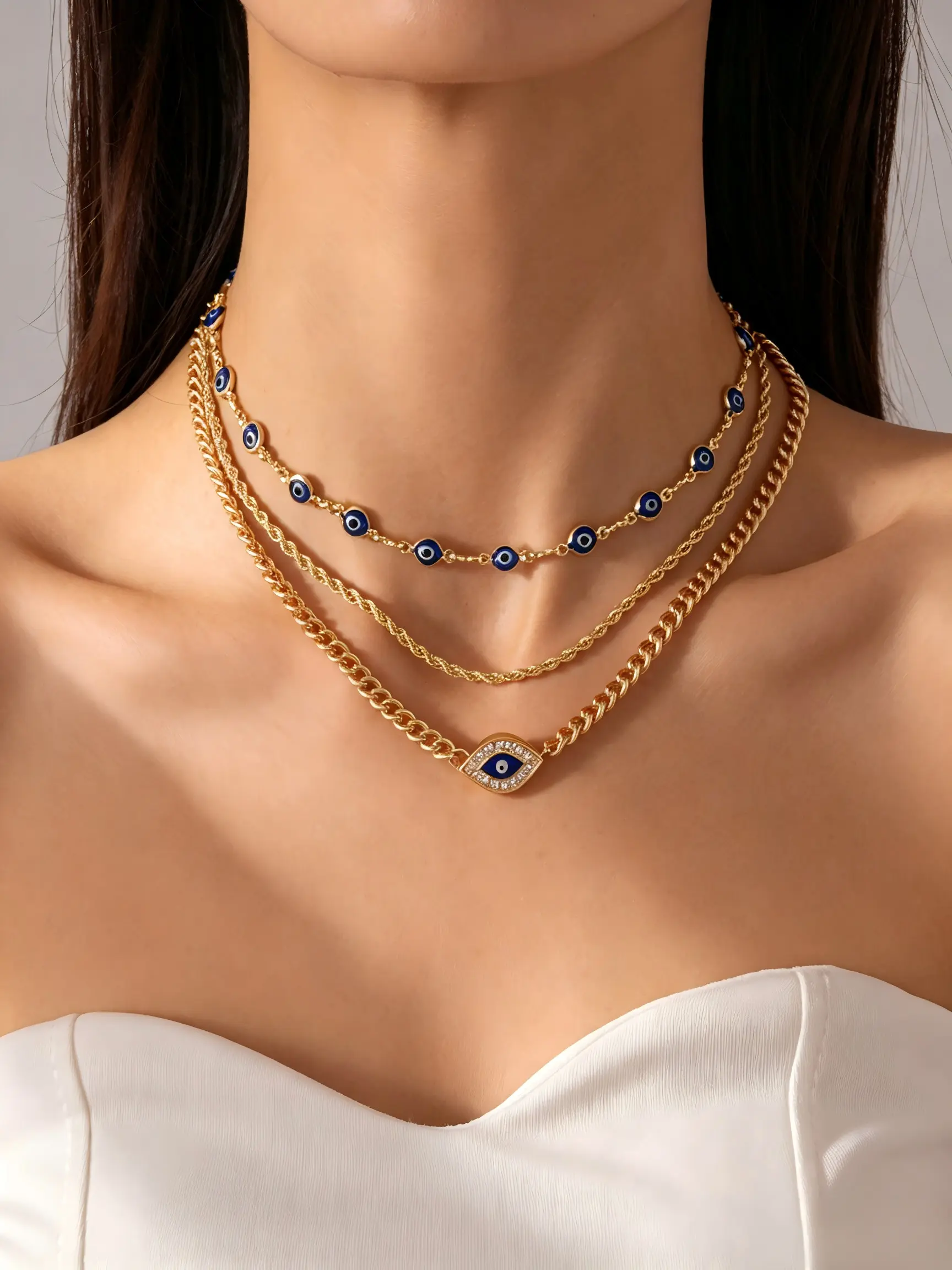 3pcs Rhinestone Devil Eye Pendant Necklace Set, Street Fashion Layered Necklaces for Women, Versatile and Stylish Jewelry