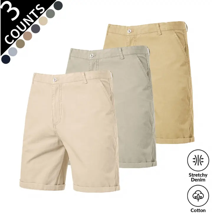 Menswear 3PCS 2026 Summer Premium Men's Pure Cotton Chino Shorts, Khaki Classic Business Casual Daily Wear Shorts, Soft Breathable Skin-Friendly Fabric, Stretchy Loose Fit Cuffed Hem, Button-Zipper Closure, Deep Side Pockets, Wrinkle-Free Lightweight, Sof