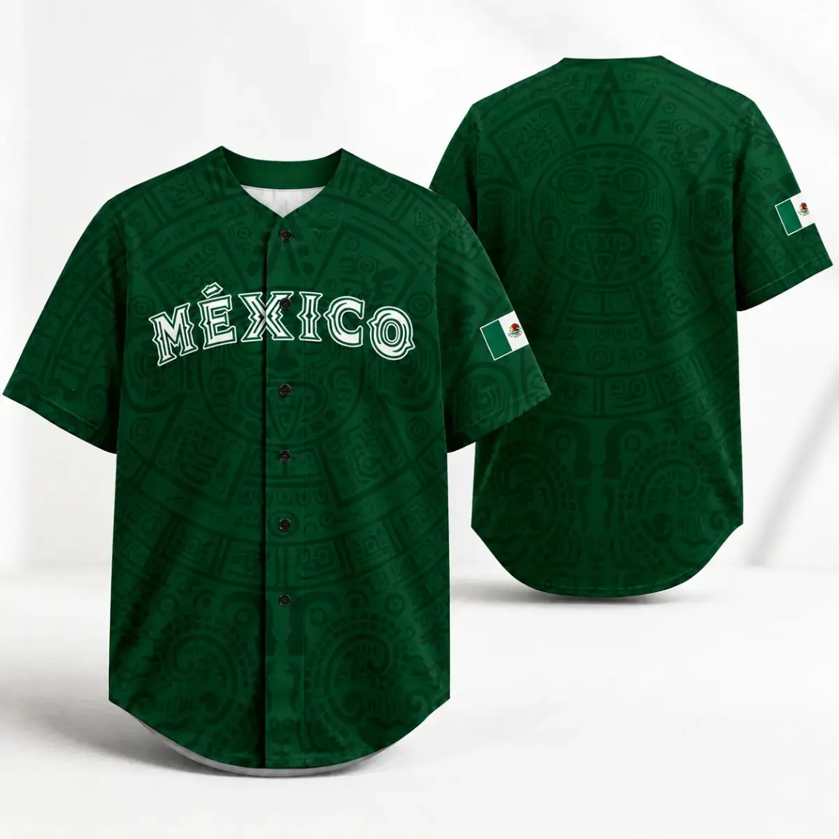 Mexico-Inspired Graphic, Unisex Baseball Jersey Shirt, Green Tonal Aztec Pattern, México Text Print, Flag Sleeve Detail,Camisa deFutbol FanJersey,clothes,outfits,men'swear,men fashion,summer menclothes,Vacation, Party Wear, Streetwear & Daily Casual Style