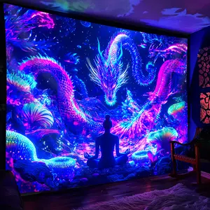 1pc Divine Meditation: Underwater Dragon- Glow in The UV Light for Party Banner Tapestry, Large Size Peach Skin Fluorescent Printing Tapestry, Bedroom Hanging Tapestry for Party Festival, Bedroom Home Decor, Wall Decoration with Free Additions