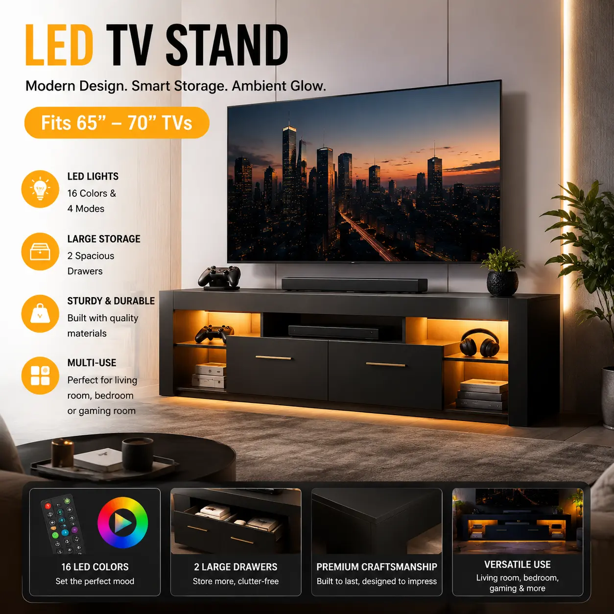 65–70 Inch LED TV Stand, Modern Wood Entertainment Center With 2 Large Storage Drawers, Media Console Cabinet For Living Room, Bedroom & Gaming Room