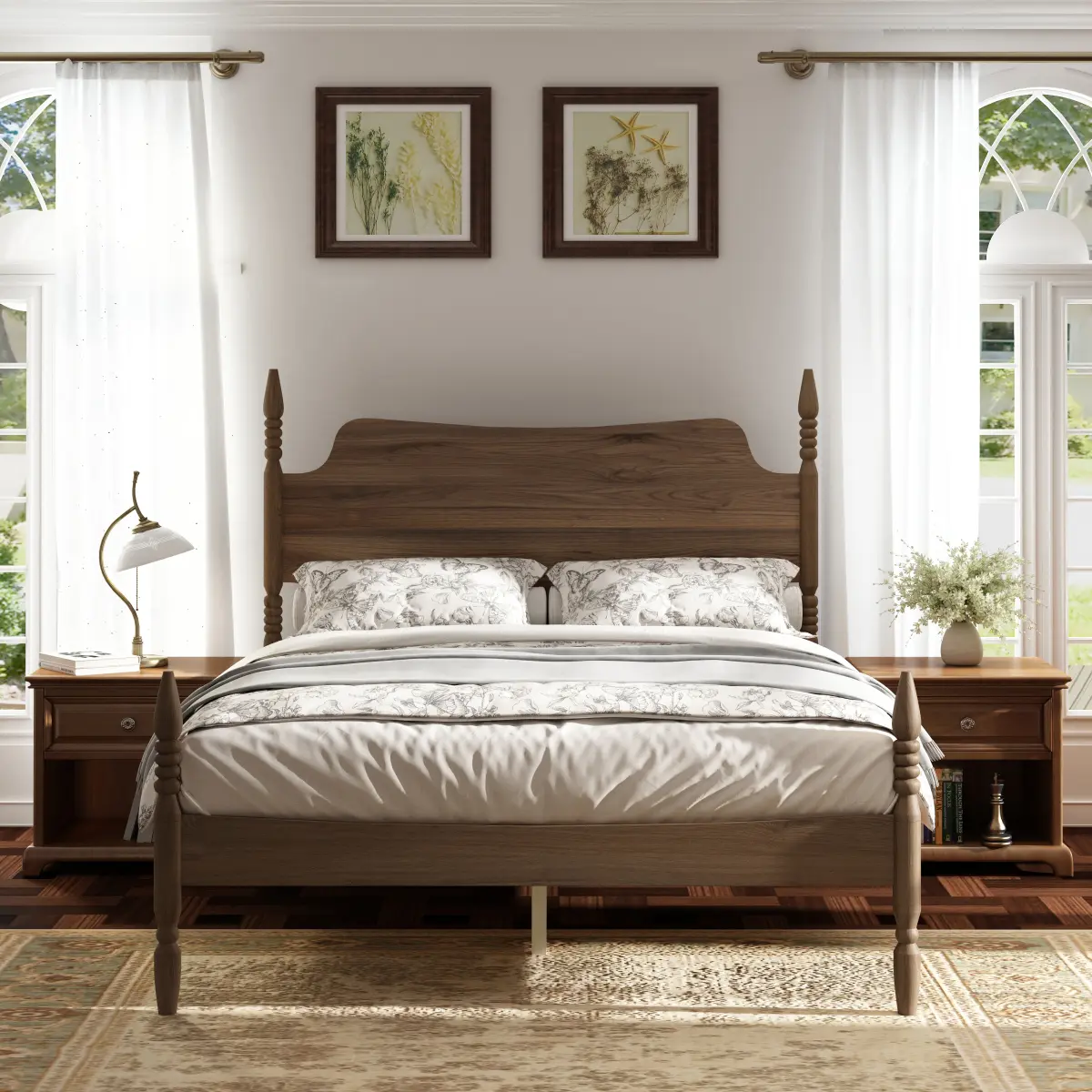 Queen Size Platform Bed Frame, Spindle Bed with Curved Tall Headboard, No Box Spring Needed, Retro Four Poster Bed, Walnut