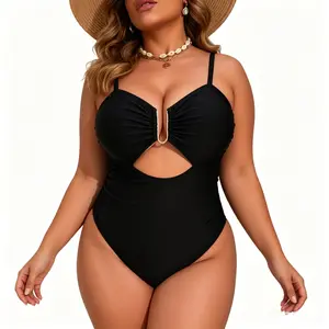 Plus Size Solid Black Spaghetti Strap One Piece Swimsuit, Gold U Metal Ring Front Cutout Ruched High Curved Leg Bathing Suit, Curvy Figure Flattering Stretch Swimwear for Beach Pool Summer Resort Vacation Outfit