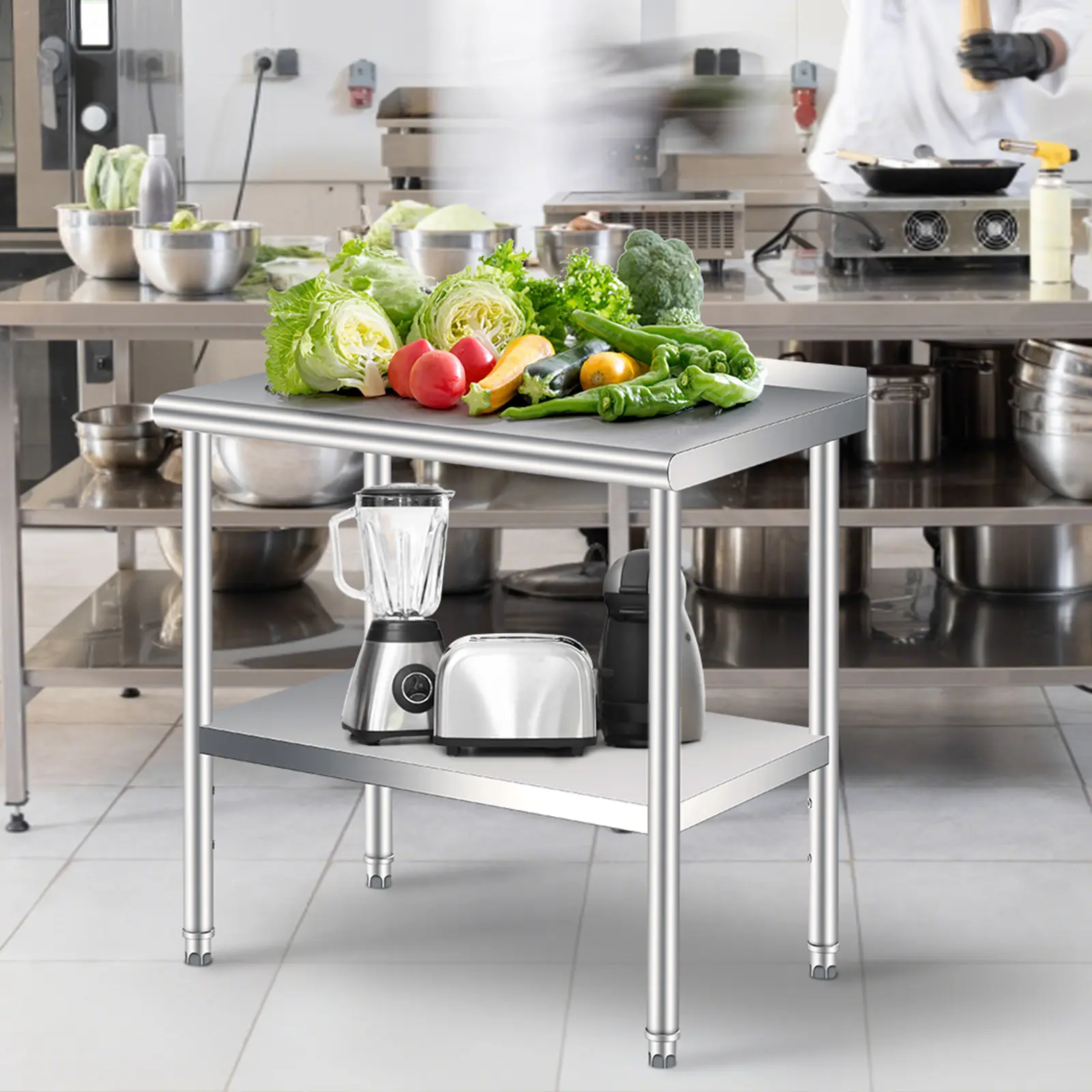 Commercial Heavy-Duty Industrial Stainless Steel Prep Table with Backsplash, 4 Wheels, Adjustable Under Shelf, Quick Setup for Restaurants, Outdoor Use