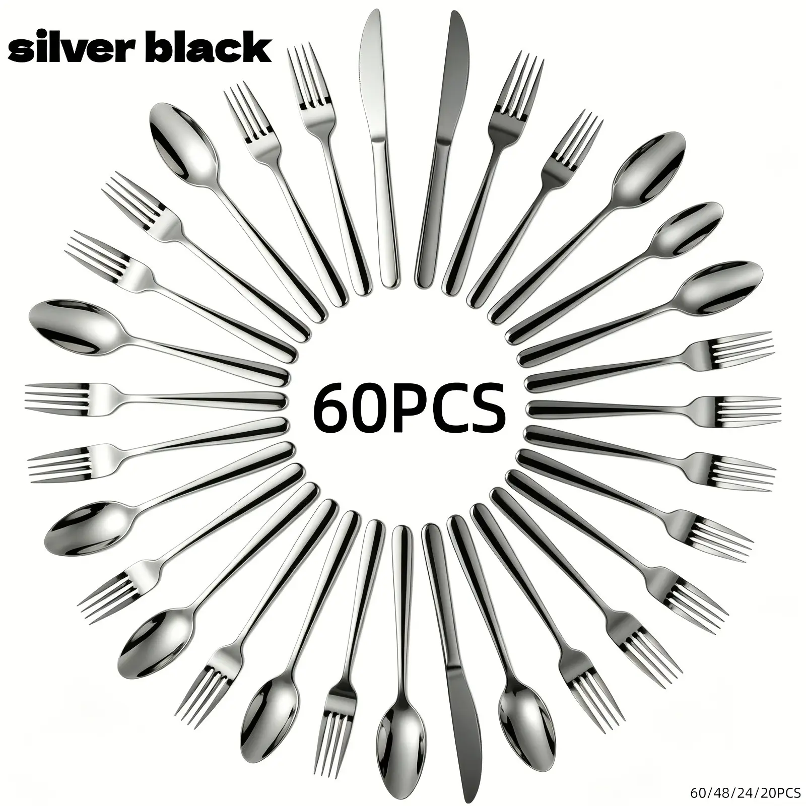 60/48/24/20pcs Black Silver Stainless Steel Cutlery Set with Knives, Forks, Spoons, Modern Design Western Utensils for Dinner, Restaurant Supplies, Ideal for Families, Birthday Parties, Weddings, Outdoor Gatherings