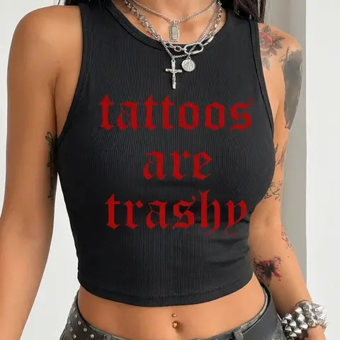 Women's Thermal Lined "Tattoos Are Trash" Printed Round Neck Bodycon Tank Top, Y2K Trendy Summer Fashion Casual Fitted Sleeveless Top for Daily Wear, Casual Sleeveless Tops, Ladies Clothes, Womenswear for All Seasons