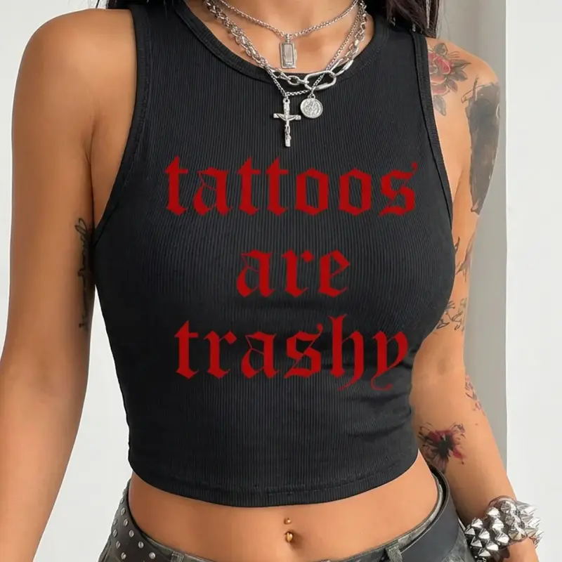 Women's Thermal Lined "Tattoos Are Trash" Printed Round Neck Bodycon Tank Top, Y2K Trendy Summer Fashion Casual Fitted Sleeveless Top for Daily Wear, Casual Sleeveless Tops, Ladies Clothes, Womenswear for All Seasons