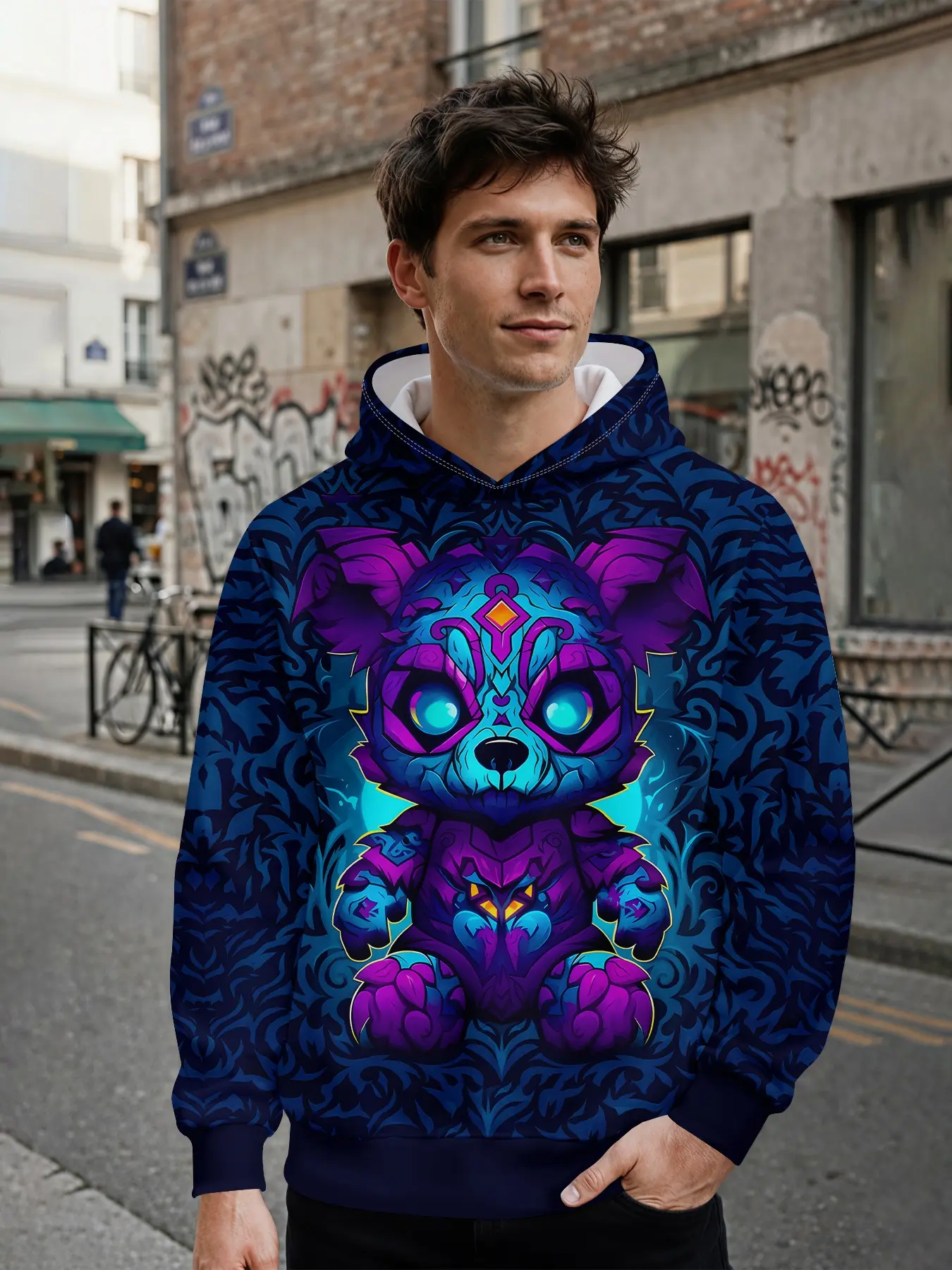Men's Hooded Sweatshirt, Blue Mech Monster Pattern, 3D Digital Print, Casual Fitted Hoodie, Perfect Gift for Music Festivals