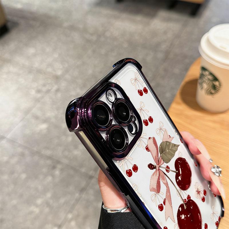 Cute cherry patterned electroplated transparent phone case with four corner airbags to prevent falls, suitable for iPhone 17Pro Max Air 16 15Plus 14 13 12 11 XR XS Samsung Galaxy S26 Ultra S25 Ultra S24 S22 phone case-A186