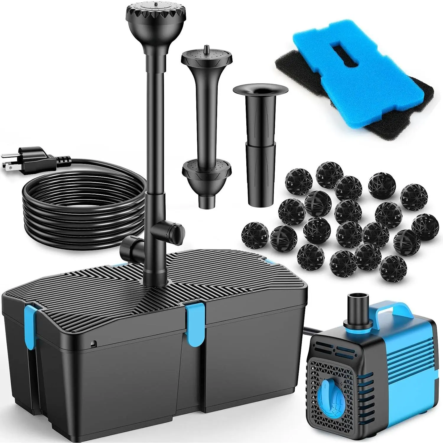 Pond Filter with Fountain Pump Kits, 660GPH Pond Pump and Filter Kit with 50W Submersible Water Pump, Pond Filters for Outdoor Ponds Clean Koi Pond Filter