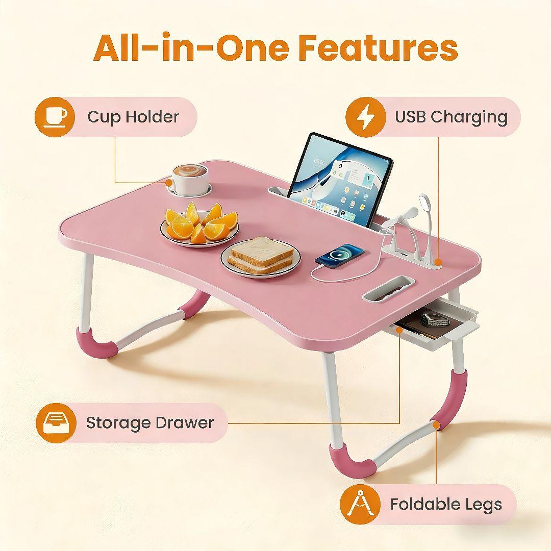Foldable Laptop Table for Bed - Portable Adjustable Desk with Cup Holder,USB Charging Ports & Storage Drawer - Multi-Function Laptop Tray for Sofa,Floor & Outdoor Use
