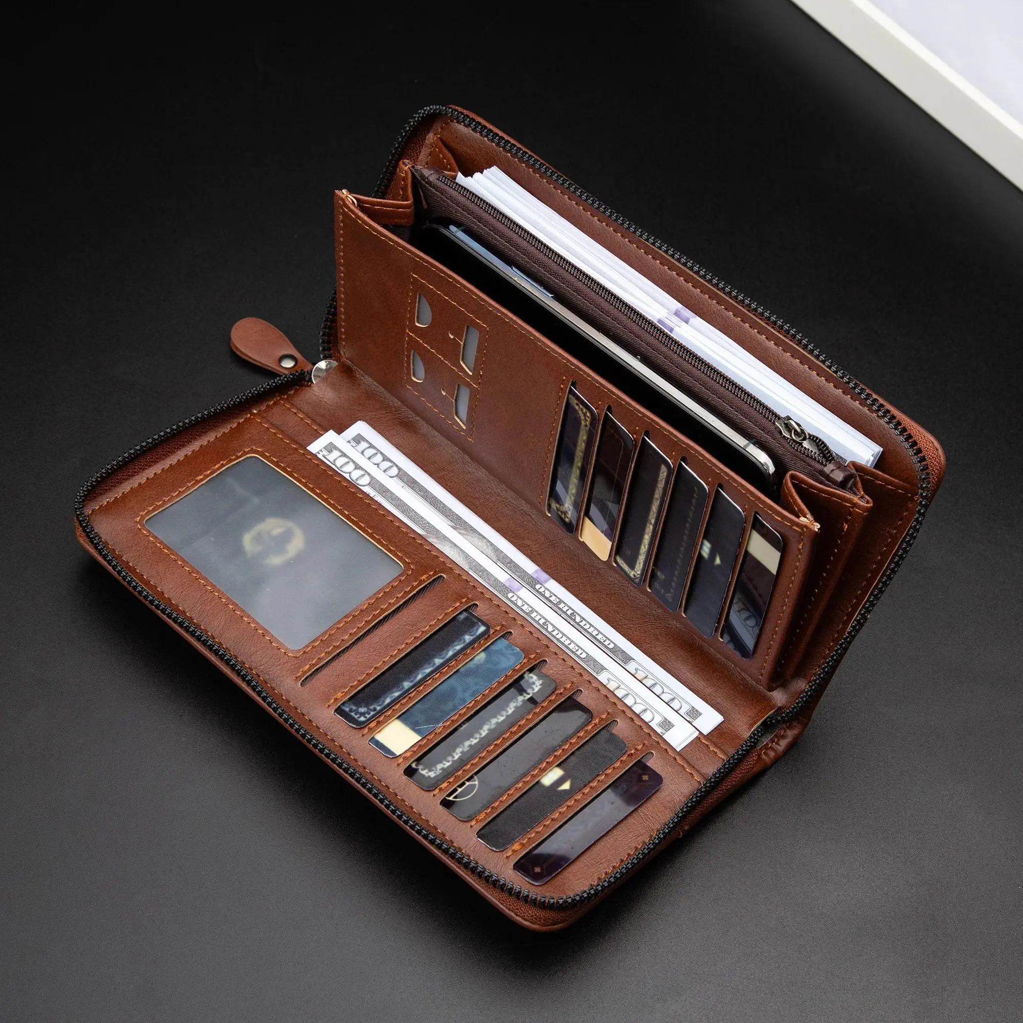 Men's Plain RFID-Blocking Long PU Leather Clutch Wallet, Zip-Closure Multi-Card Slots Organizer, Men's Accessories for Business & Daily Use, Wallet Cards Holder