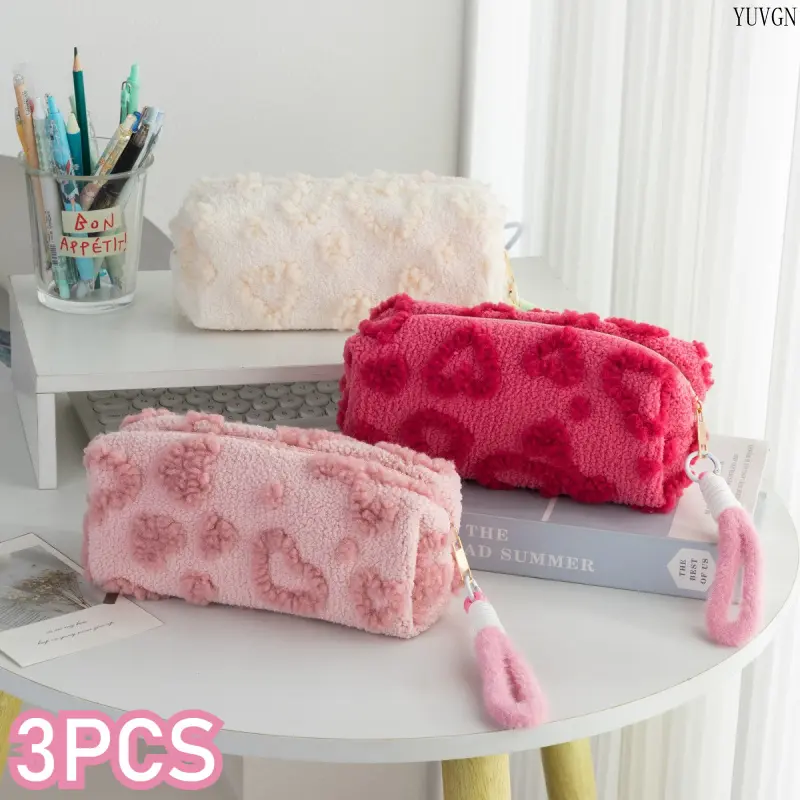3-Pack Sherpa Plush Textured Heart Storage Pouch - Fluffy Zipper Pencil Case, Cosmetic Organizer Bag with Plush Strap, Soft Sturdy Cute Holiday Girls' Gift for Travel (Sports & Outdoor Gym Accessory)