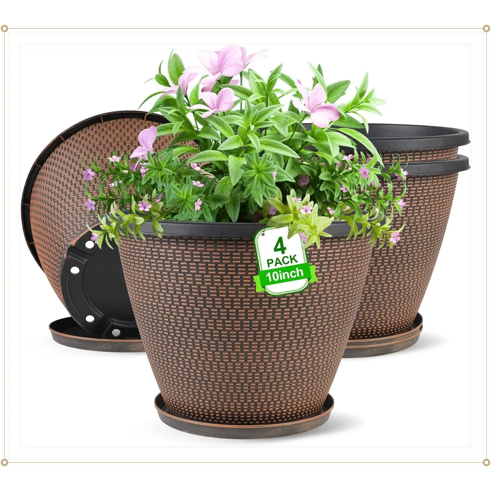 4 Pack 10 inch Plant Pot for Outdoor Indoor, Plastic Flower Pots with Trays | Lightweight Large Outdoor Planter Pots with Drainage Holes, Imitation Knit Pots for Garden House Planters (Black Copper)Gift