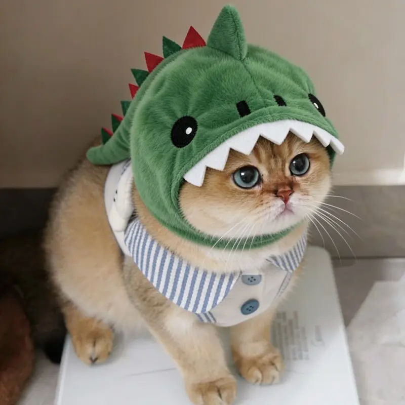 Cute Dinosaur Pet Head Hat for Cats, Soft Warm Plush Cartoon Costume, Funny Cosplay Headwear, Adorable Kitten Hair Accessory