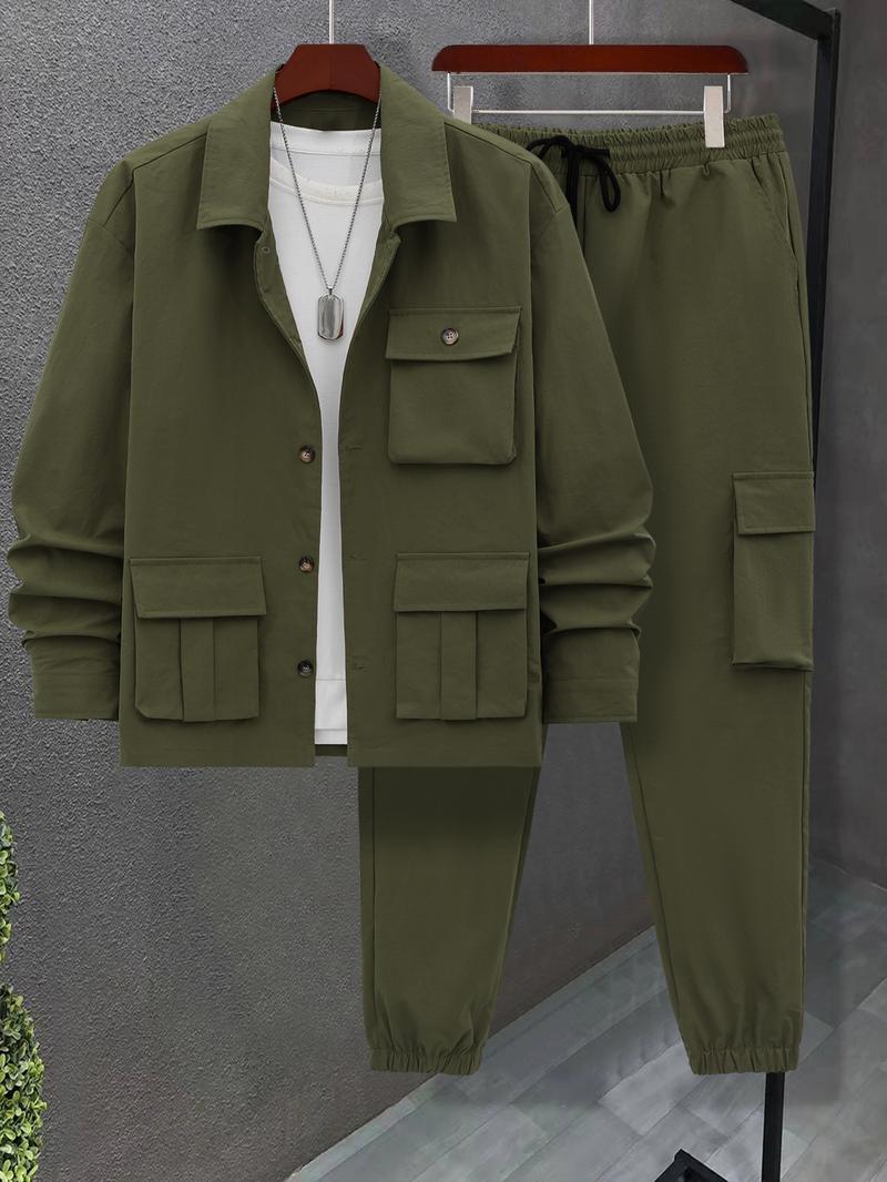 Men's Solid Color Pocket Button Front Jackets & Pants Two-Piece Set, Casual Long Sleeve Collar Top & Trousers Set, Men's Spring & Fall Clothes Men's Solid Color Pocket Button Front Jackets & Pants Two-Piece Set, Casual Long Sleeve Collar Top & Trousers Set, Men's Spring & Fall Clothes