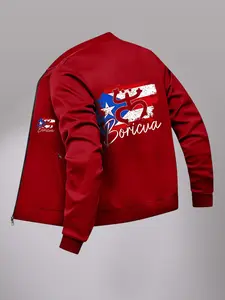 Men's Fashion Casual Jacket, Vintage Flag Print, Slim Fit, Long Sleeve, Zipper Outerwear, Ideal for Sports & Outdoor Activities