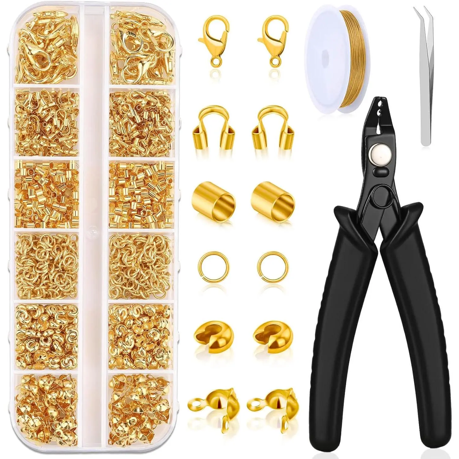 1200 Pcs Gold Crimp Beads Kit, Jewelry Making Supplies Include Crimp Covers, Crimp Tubes, Wire Guardians, Lobster Clasps, Jump Rings, Pliers and Beading Wire for Jewelry Making