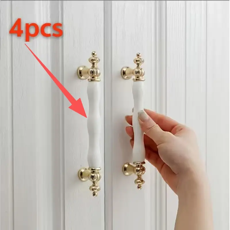 4pcs white cabinet handle, 128mm hole distance wardrobe door handle, suitable for kitchen, living room, Nordic room wardrobe door ceramic handle, European white cabinet door drawer handle.