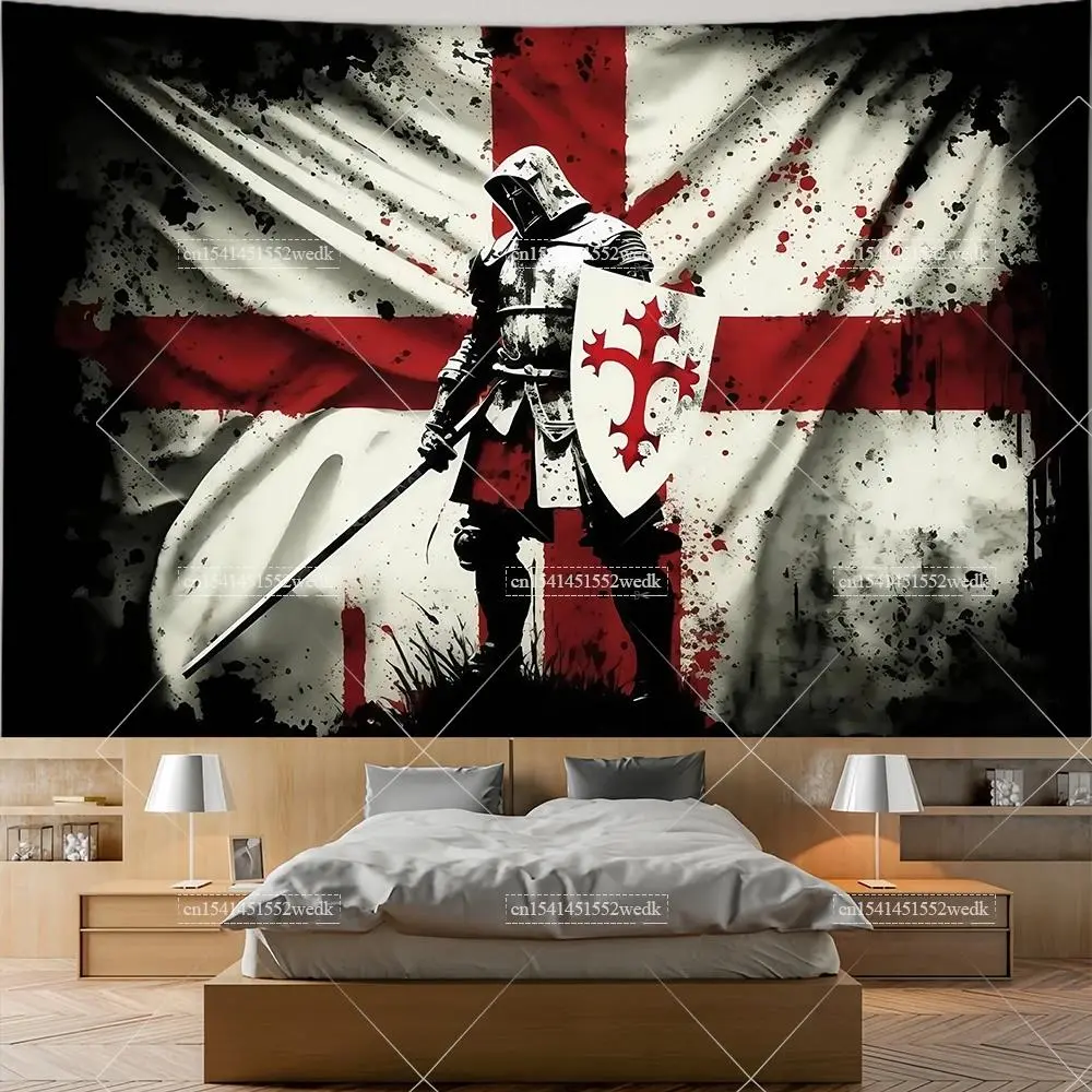 Medieval Knight Templar Crusader Flag Wall Hanging, Christian Religious Tapestry Photo Backdrop, Indoor Aesthetic Living Room Home Decor Art Print