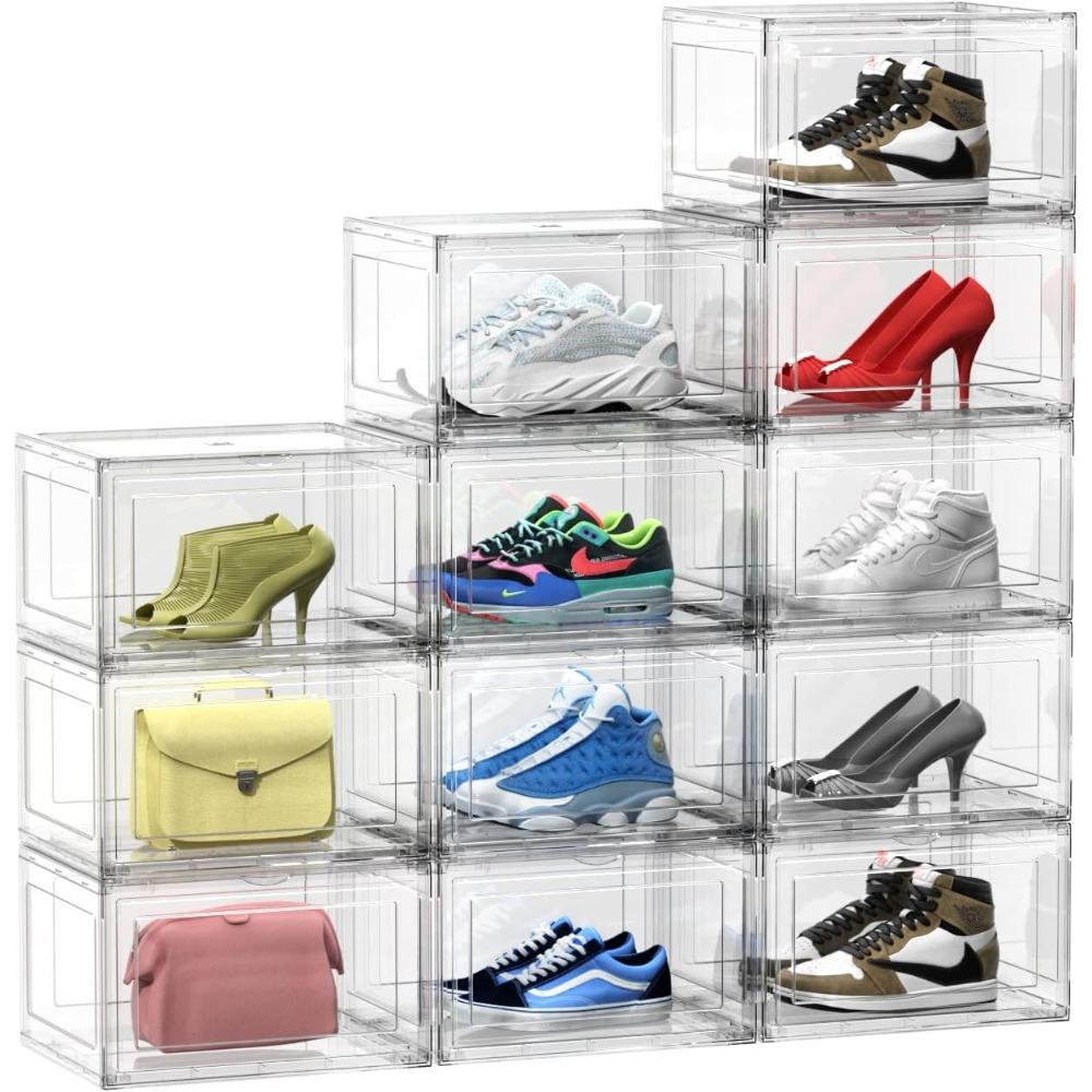 12 Packs Acrylic Shoe Boxes, Clear Plastic Stackable Acrylic Sneaker Boxes, Display Case for Sneaker Fits Up to US Size 15 Organiser Transparent