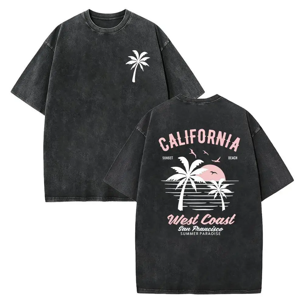 Classic Ribbed Crew Neck T-Shirt for Women, Vintage California Graphic Top in Heavyweight Washed Cotton Fabric, Oversized, Tshirt, Shortsleeve, Casual