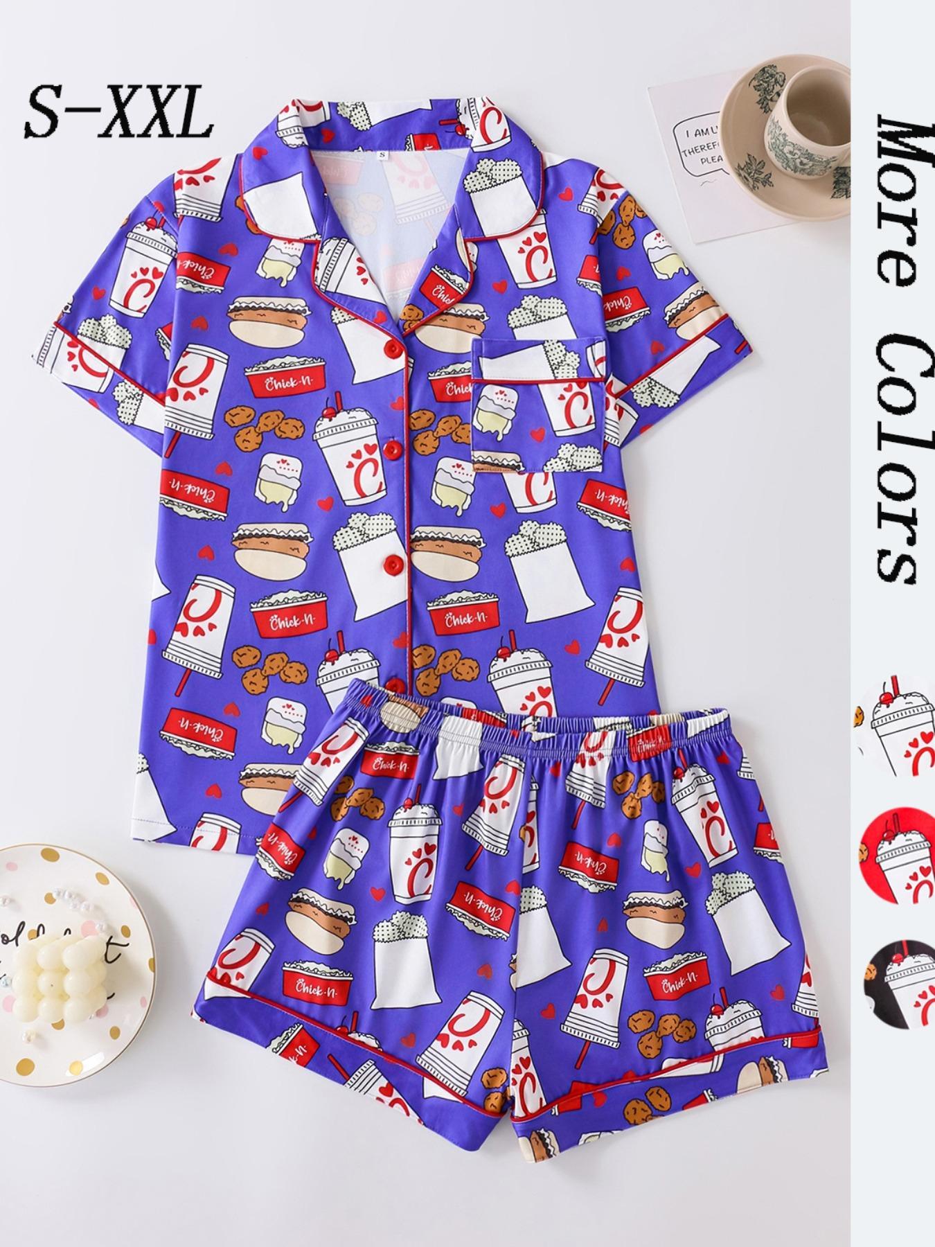 Women's All Over Print Button Front Shirt & Shorts Pyjama Set, Comfort Two-piece Pj Set for Homewear, Women's Sleepwear for All Seasons, Pajama Set, Casual Sleepwear Set