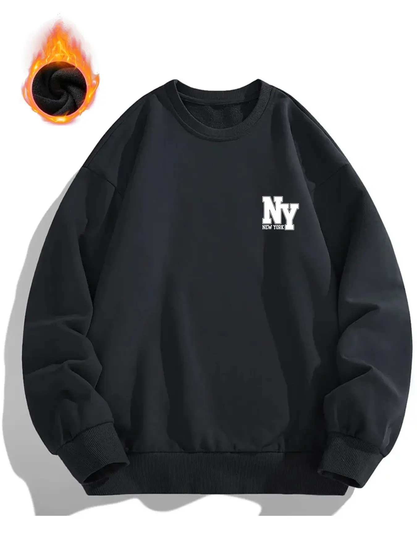 Men's Oversized Crewneck Sweatshirt with NY New York Print, Multi-Wear Versatile Basic American Street Athleisure Top with Soft Warm Fleece Lining, Ideal for Gym, Commute, Campus, Skateboarding, Dates, Hiking & Light Business Outfits for Cold Autumn & Win