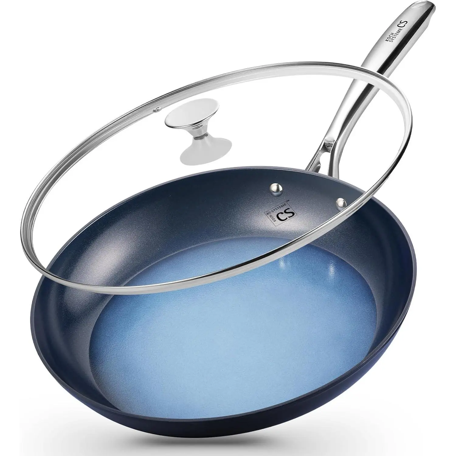 KOCH SYSTEME CS 14 Inch Large Nonstick Frying Pan with Lid, Ceramic Interior Skillet for Family & Commercial Cooking, Oven Safe, Induction Compatible, Blue