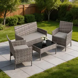 4-Piece Outdoor Furniture Set, PE Rattan Wicker Chairs, All-Weather Patio Set with Soft Cushions & Tempered Glass Coffee Table for Garden, Backyard, Porch & Poolside (Gradient Brown/Beige)