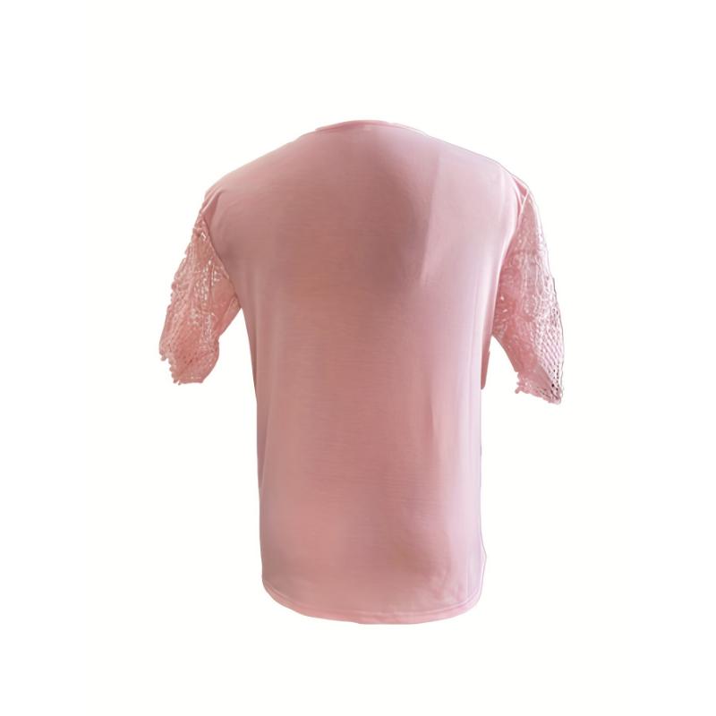 Elegant Plus-Size White V-Neck T-Shirt with Lace Detailing,Short Sleeve,Semi-Sheer Summer Top for Women,Plus Size Blouses Collar Fabric Spandex Casual