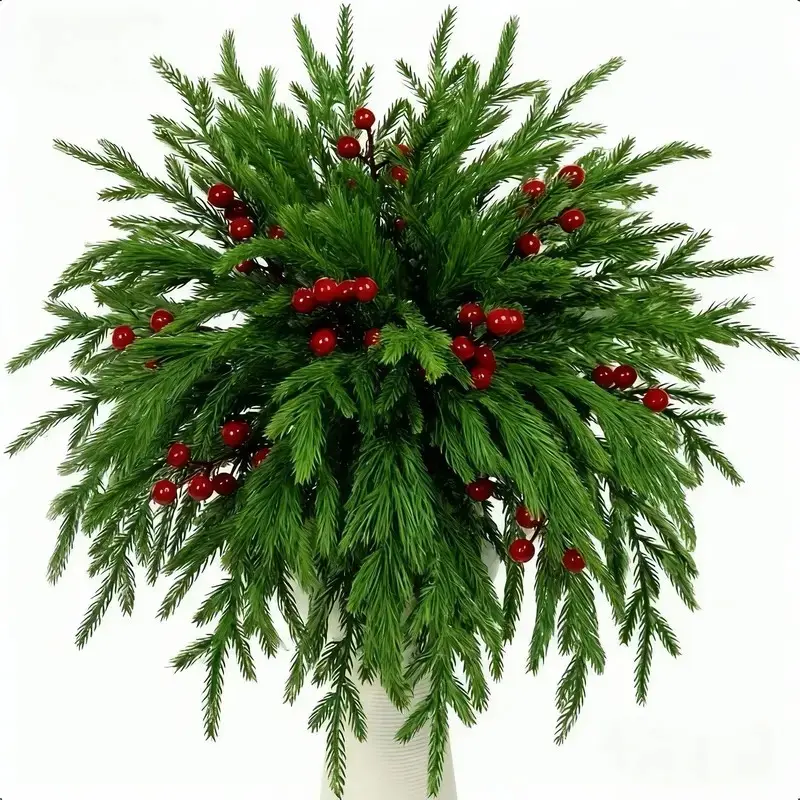 40 Artificial Plastic Norfolk Spruce Boughs, Realistic Christmas Tree Decor, with Needles and Berries, Indoor Outdoor Holiday Decoration