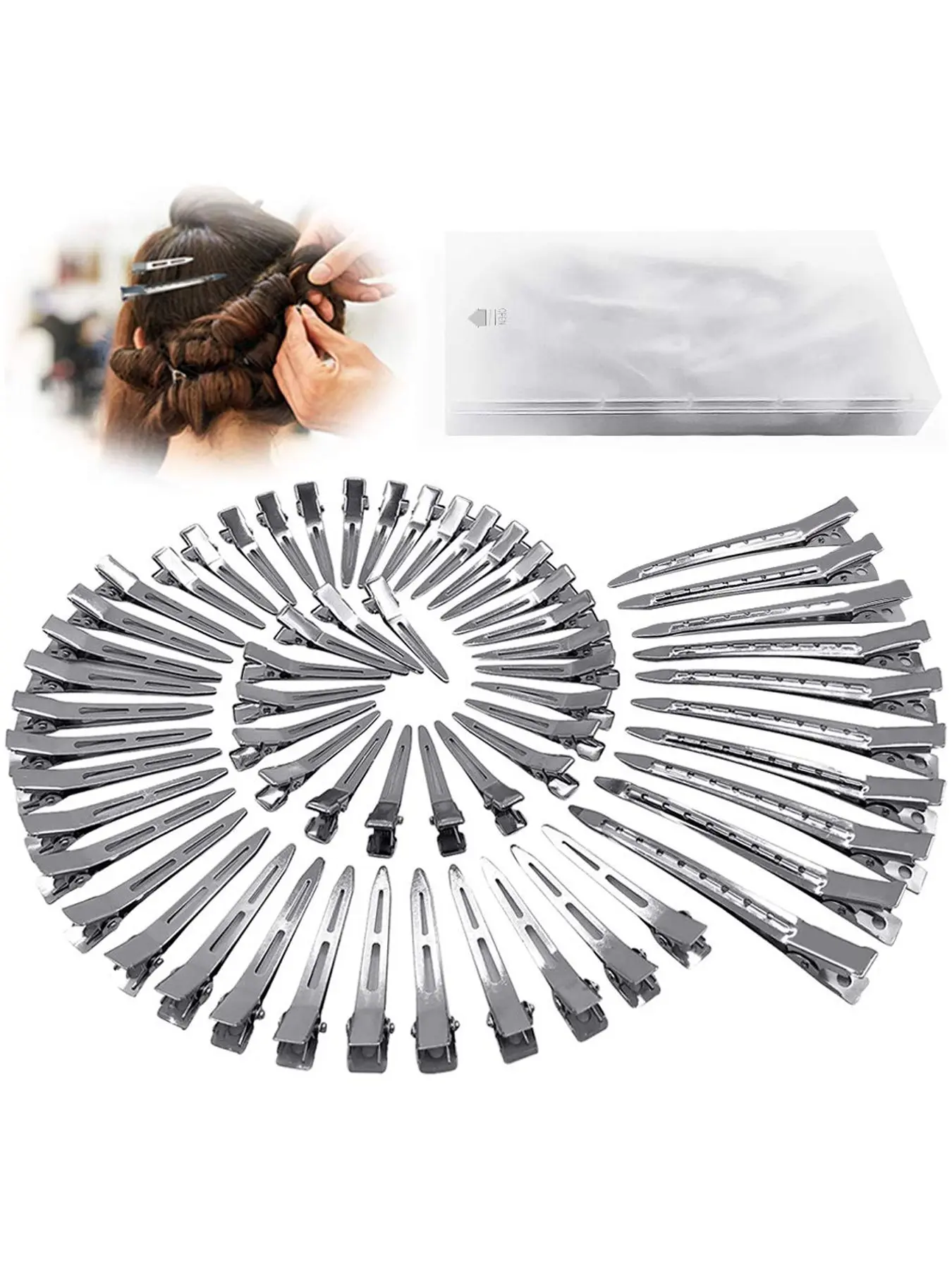 60pcs Metal Duck Billed Hair Clips for Women, Silver Color Hair Pins for Long Hair, Alligator Curl Loc Clips for Thick Hair, Salon & DIY Bows