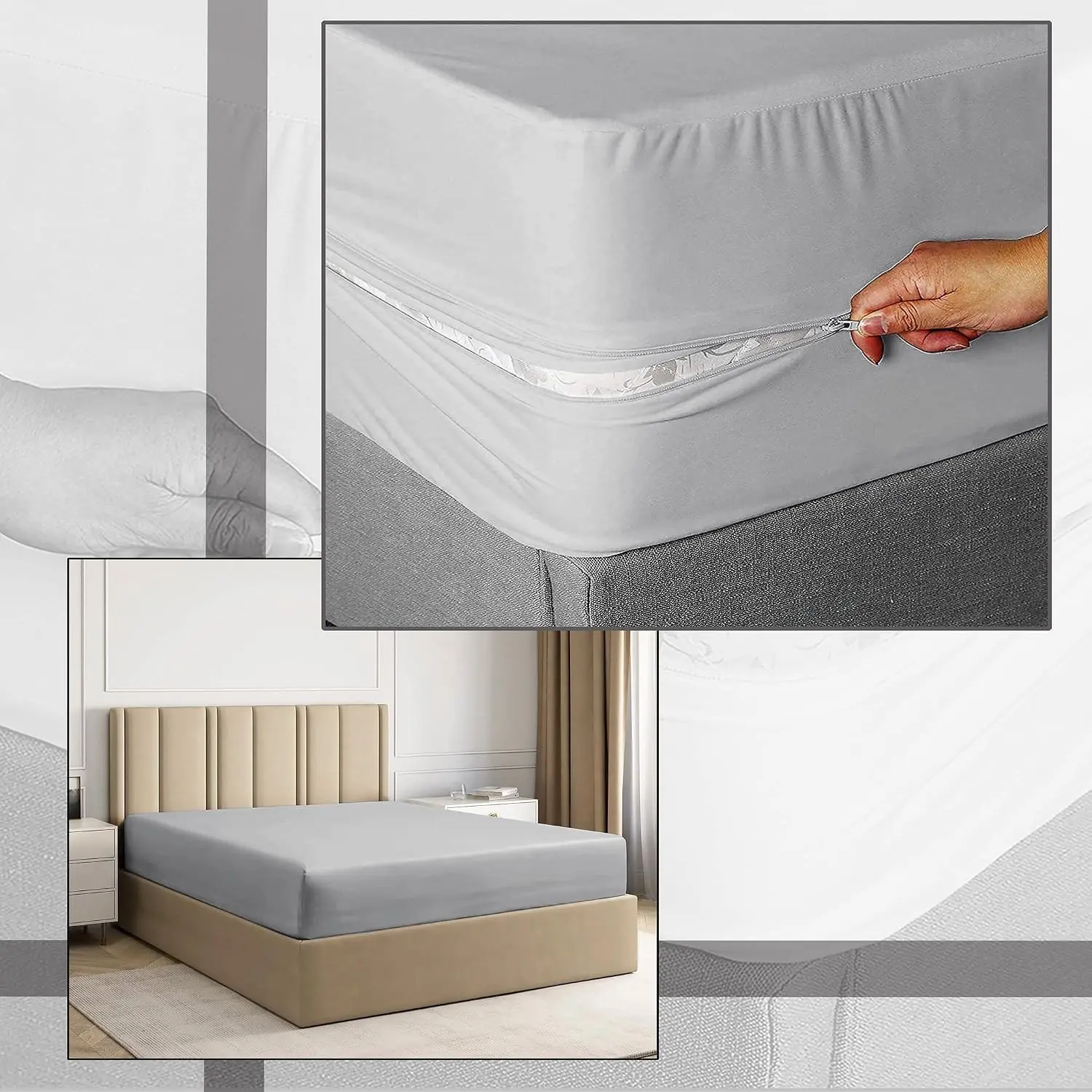 Silver Grey 12" Deep Zipper Fitted Sheet, Twin XL Size, 1 Piece Soft Microfiber