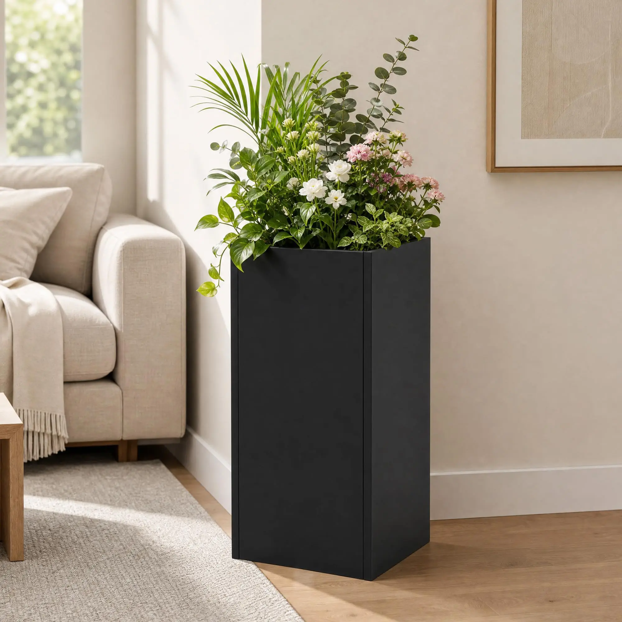 Rectangular Metal Planter Box 30 Inch Black Steel with Adjustable Shelf for Outdoor Patio Porch Modern Large Plant Pot Weather Resistant