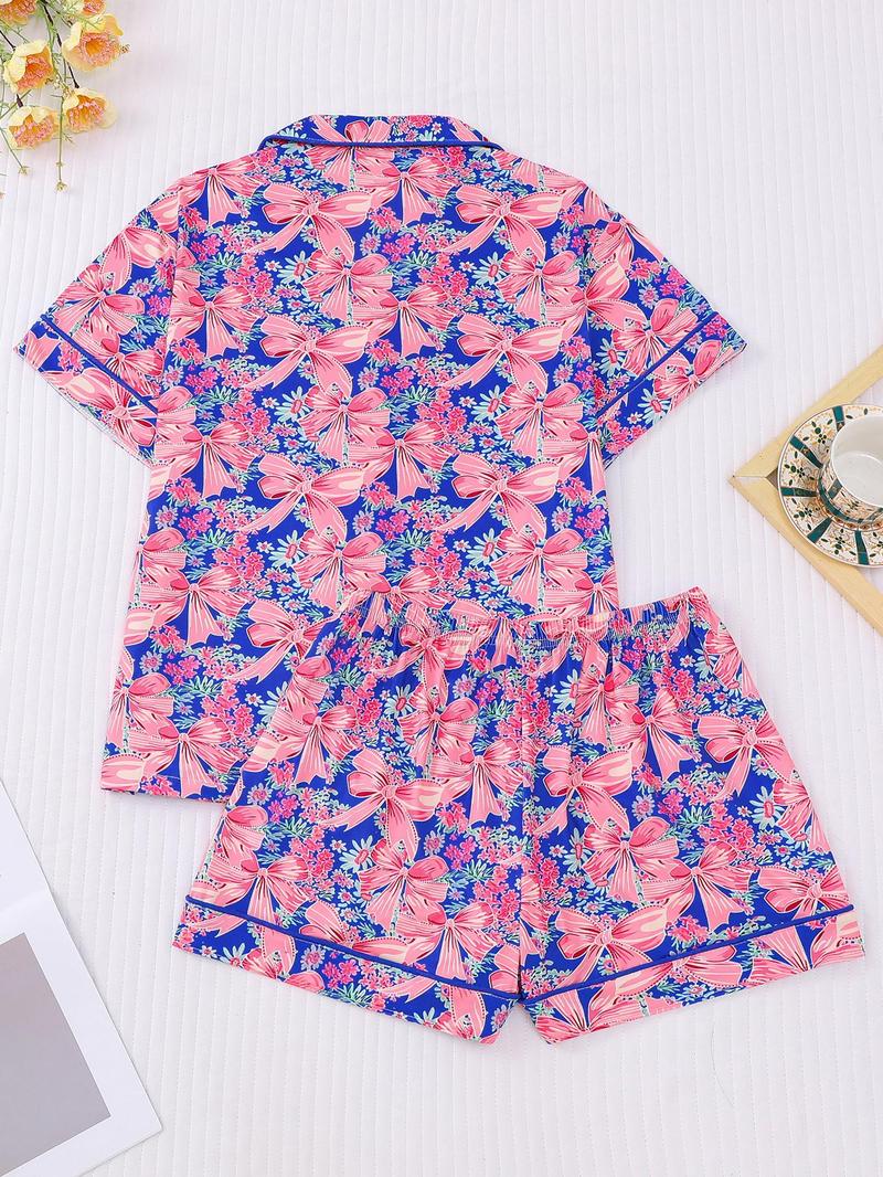 Women's All Over Print Pajama Set, Casual Comfy Short Sleeve Lapel Neckline Pocket Shirt & Shorts PJ Set, Ladies Summer Sleepwear, Sleepwear Pajamas Set