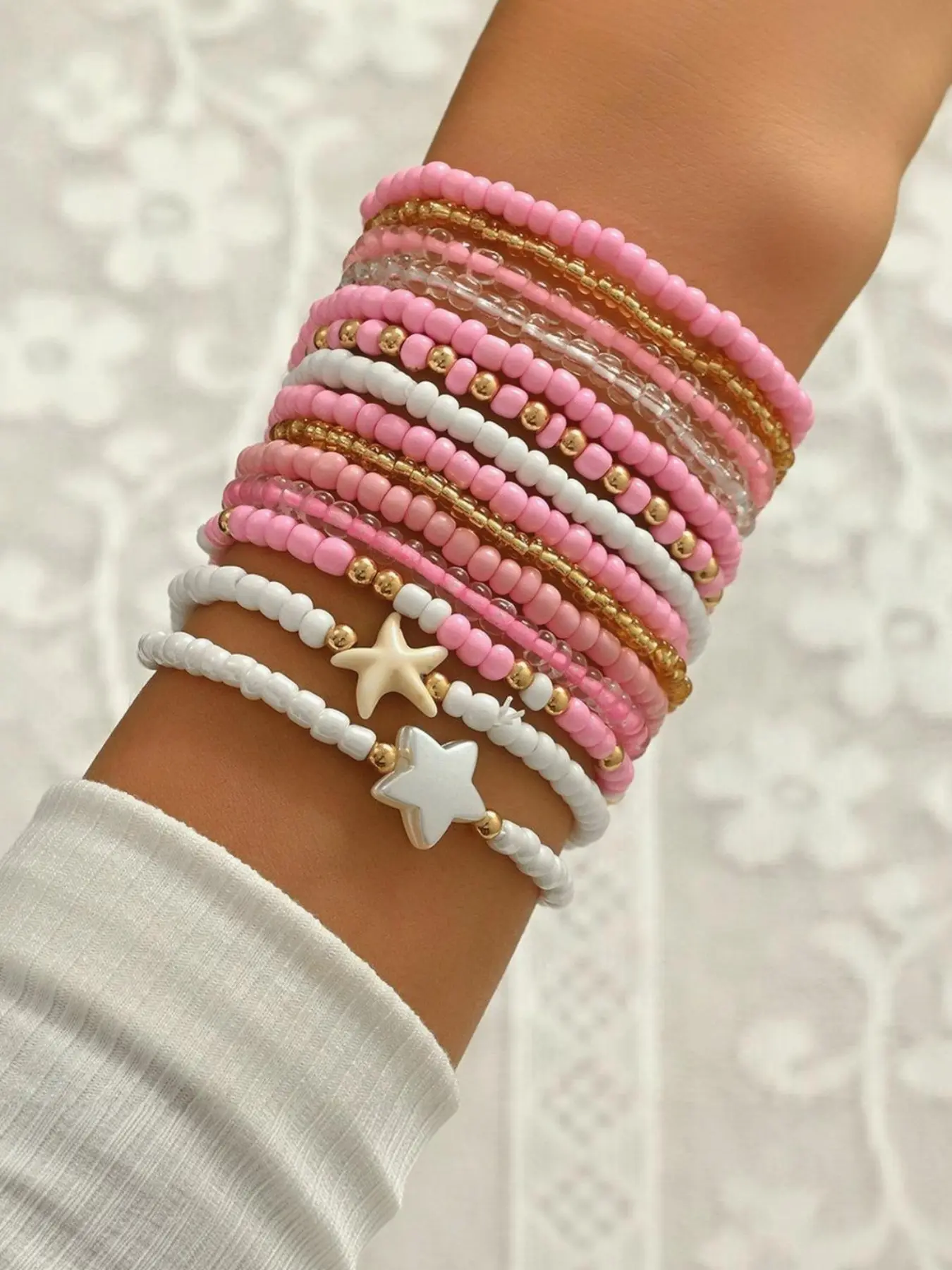 New Multi piece Hand Rope Love Crystal Pearl Tassel Leaf Crushed Stone Soft Ceramic Bracelet Set