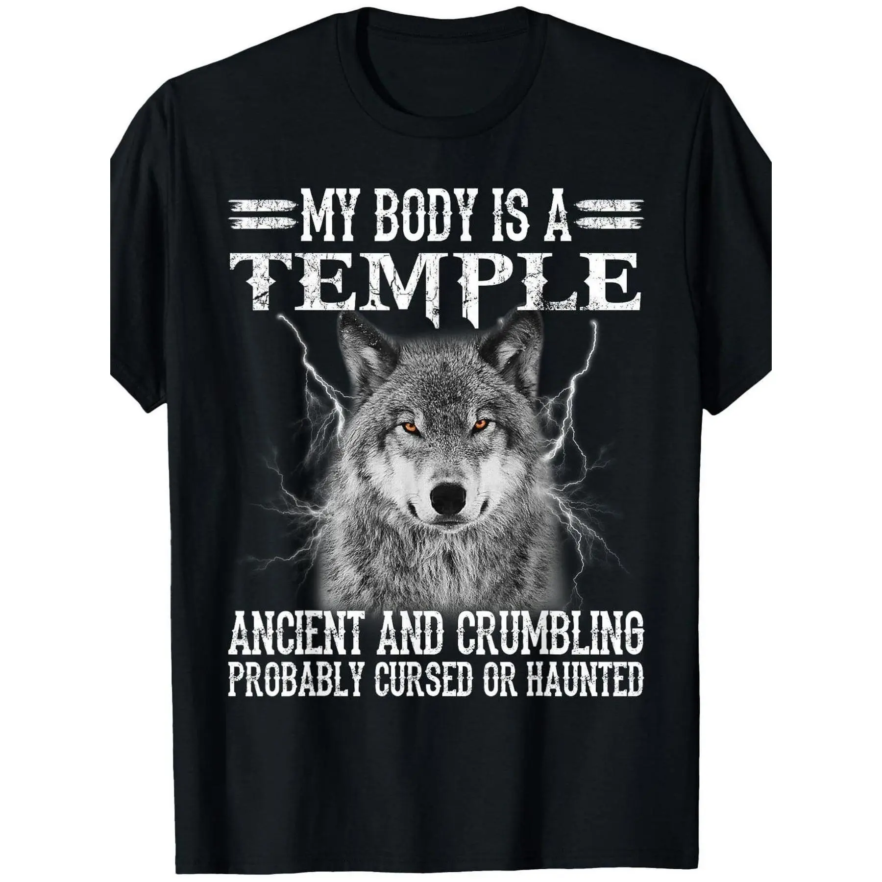 Men's  Oversized Round Neck Short-Sleeve T-Shirt, Funny "My Body Is A Temple Ancient Crumbling Haunted Wolf Lightning" Graphic, Breathable Casual Streetwear