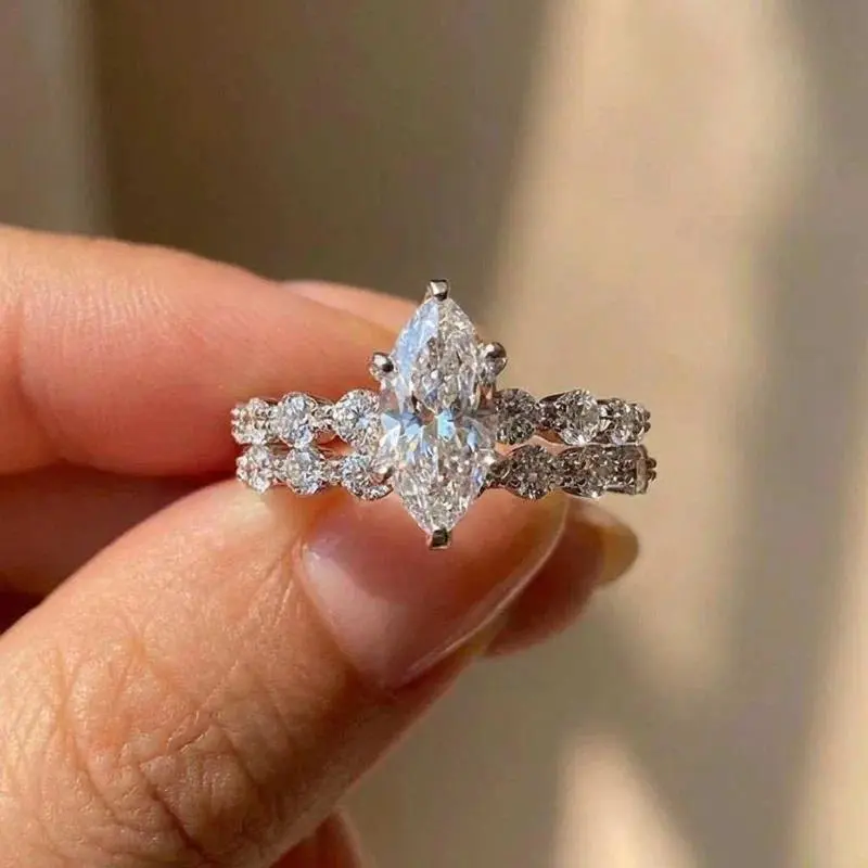 Marquise Moissanite Stackable Ring Set, 925 Sterling Silver Wedding Band, Bridal Engagement Ring, Sparkling Promise Ring, Birthday Anniversary Gift for Women
